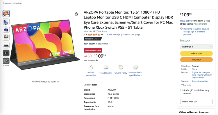 Amazon: ARZOPA Portable Monitor 15.6″ – 45% off, now $109.99